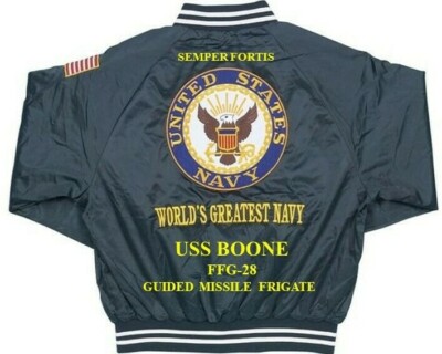 USS BOONE FFG-28 MISSILE FRIGATE  EMBROIDERED SATIN JACKET(BACK ONLY)