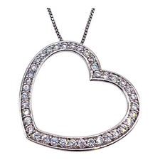 Slanted Open Heart Pendant Cubic Zirconia 925 Sterling Silver Rhodium Necklace