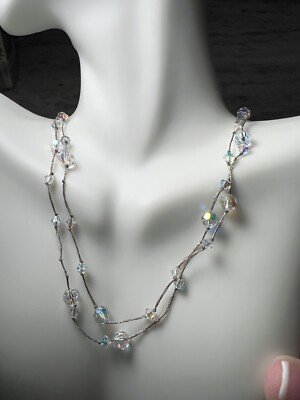 Threaded Aurora Borealis Necklace Choker 2 Strands Faceted Beads, 13.5 