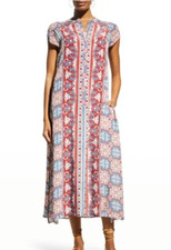 Nwt CAROLINA K Blue/Red BOHO Viscose Satin 1/2 ZIP-FRONT Pockets MAXI DRESS XS