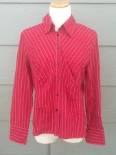 Talbots Women's Shirt Sz Petites 14 PL Fitted Blouse Red Striped Button Cotton