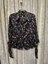 Le Caviar Butterfly Crinkle Button Down Blouse Size XL