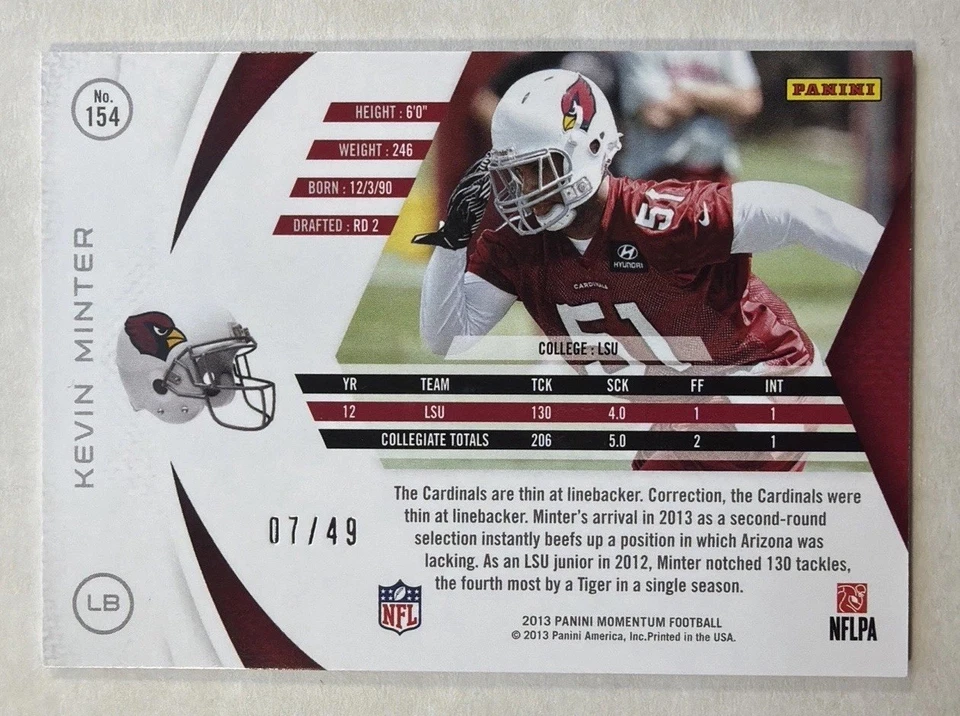 2013 Panini Momentum - Kevin Minter Rookie #154 Platinum 7/49 Cardinals RC SP - Image 2 of 3
