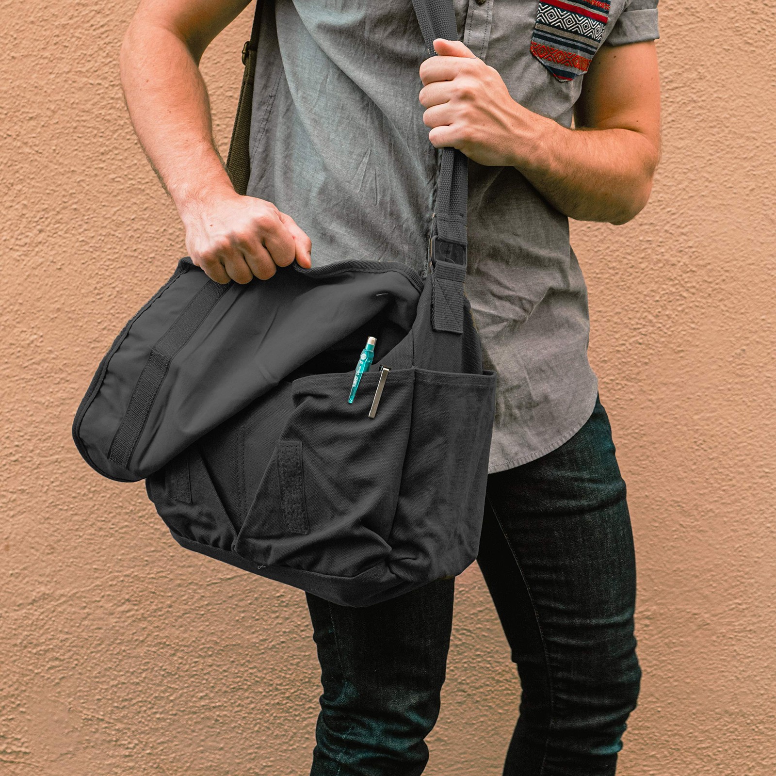 Vintage Canvas Messenger Bag - Large Black Shoulder Bag, Classic Style