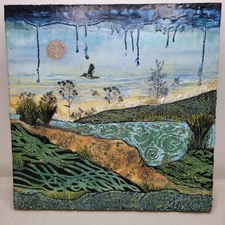 Original Encaustic Mixed Media Painting Blue Gold Signed 2018 20" Sq. Landscape