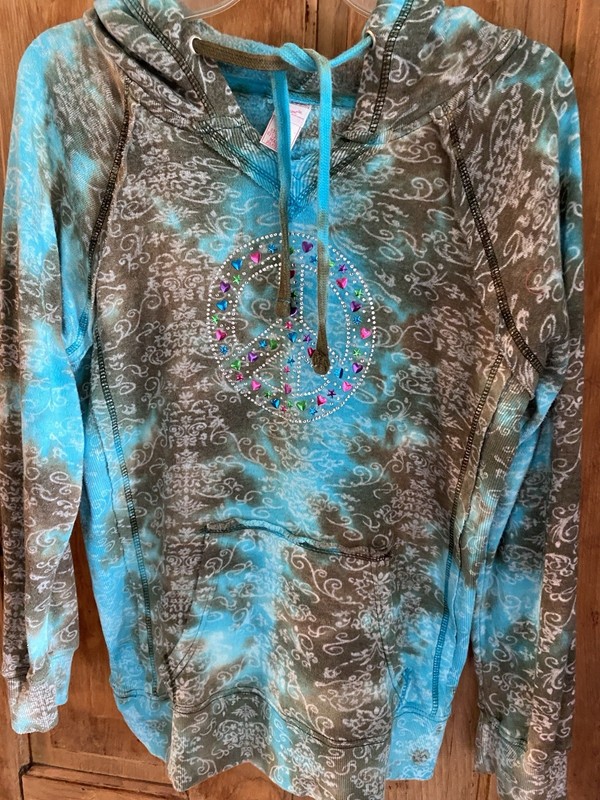 Womens Hoodie MV Sport Sweatshirt Teal Blue Paisley Design Size L Peace Bling