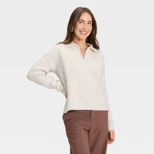 Women's Cozy Knit Polo - A New Day Oatmeal S
