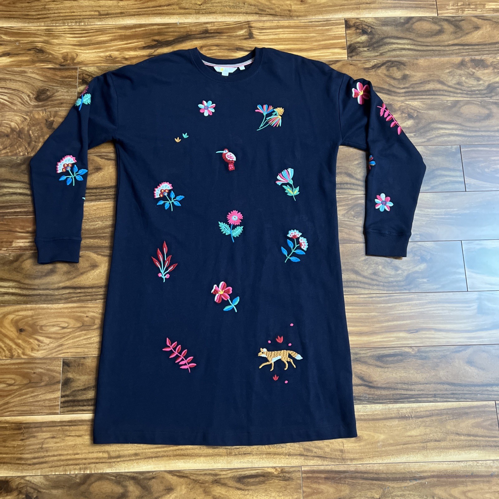 BODEN JASMINE Size 12 Navy Blue Embroidered Dress Floral Fox Bird Long Sleeve