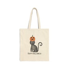 Halloween Cat and Pumpkin Canvas Tote Bag, Trick-or-Treat Bag