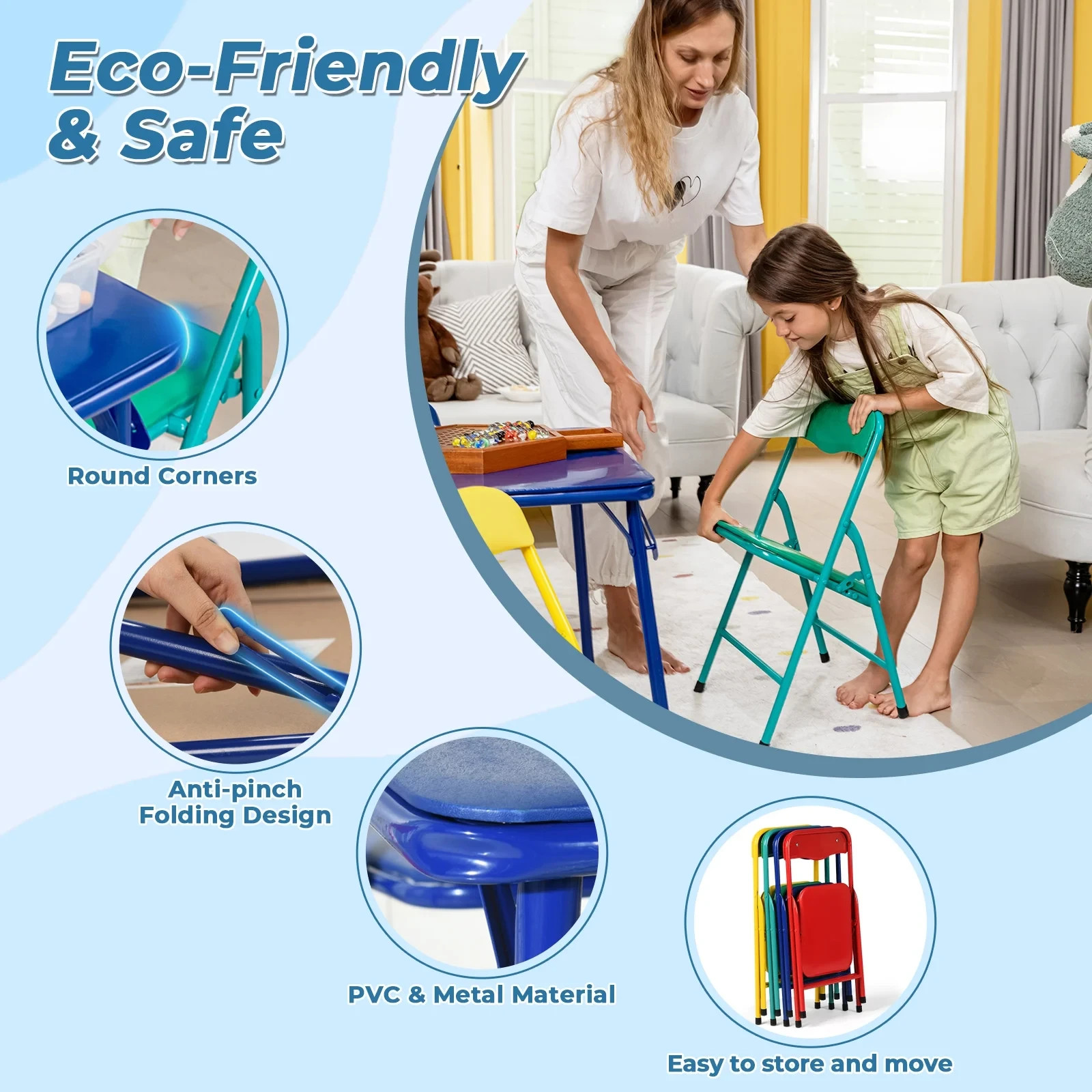 Kids Table and 4 Chairs Set, Folding Activity Table USA Free Shipping