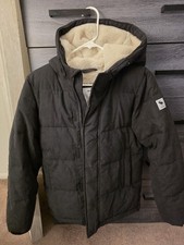 Boy's Abercrombie Black Hooded Puffer Jacket Faux Fur Trim Logo Patch Size 9/10