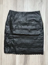 ETCETERA 100% Genuine Leather Scalloped Trim Black Lined Side Zip Skirt Size 6