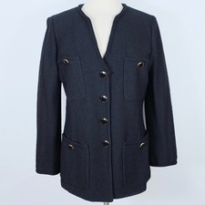 St John Collection Marie Gray jacket sz 12 black w/pockets collarless knit