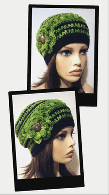 crochet handmade womans flower hat beanie green tones puffs