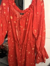 Boohoo Red Celestial Print Ruffle Tie V-Neck sun cover up , Mesh,Size L