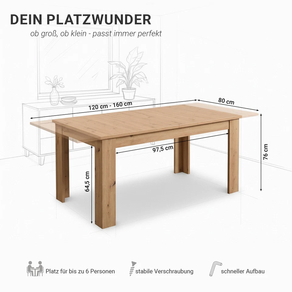 Esstisch ausziehbar 120x80 Holz Massiv Küchentisch Wohnzimmertisch Homestyle4u - Bild 3 von 4