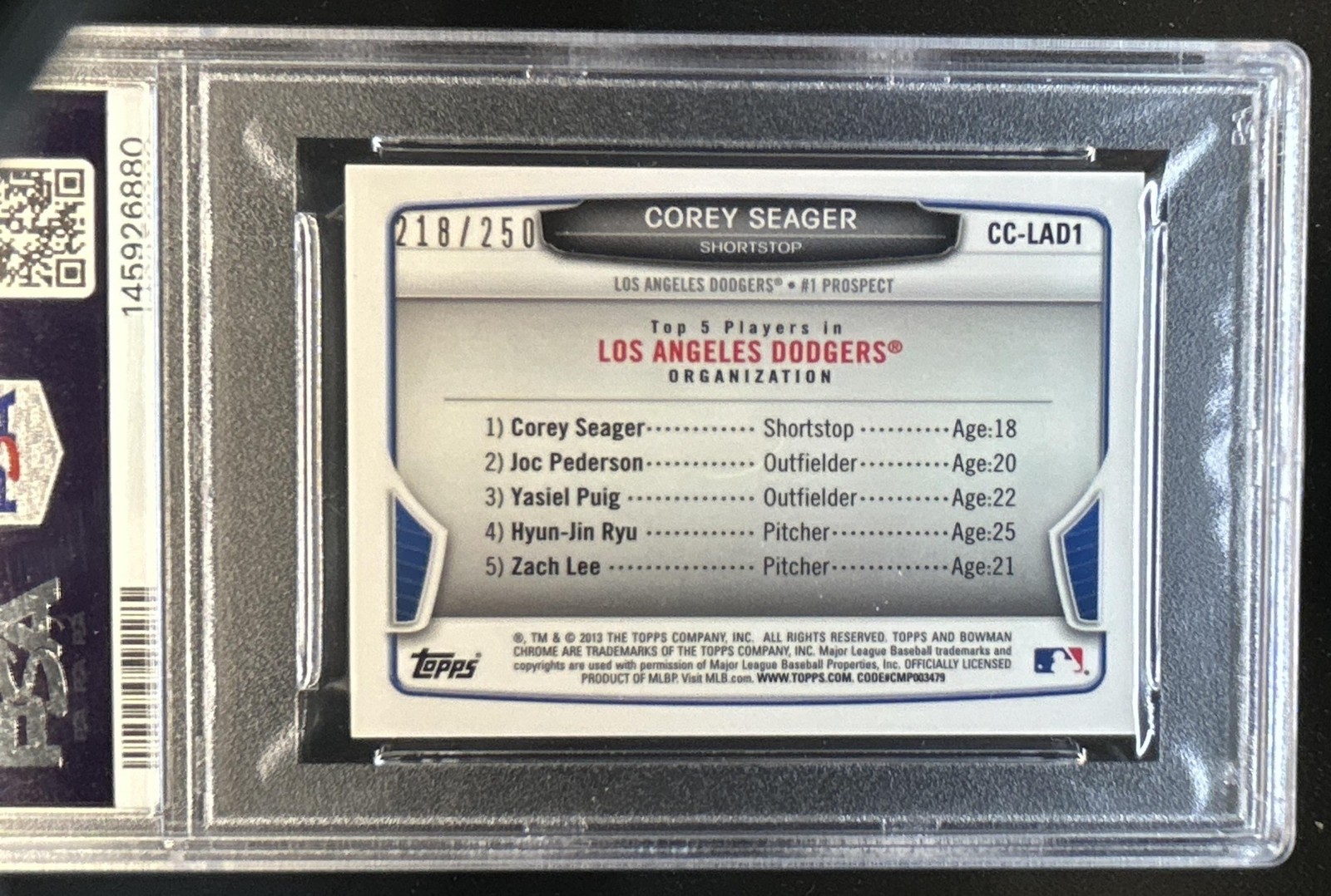 2013 Bowman Corey Seager Chrome Cream of the Crop Mini Blue Refractor /250 PSA 8 view 2