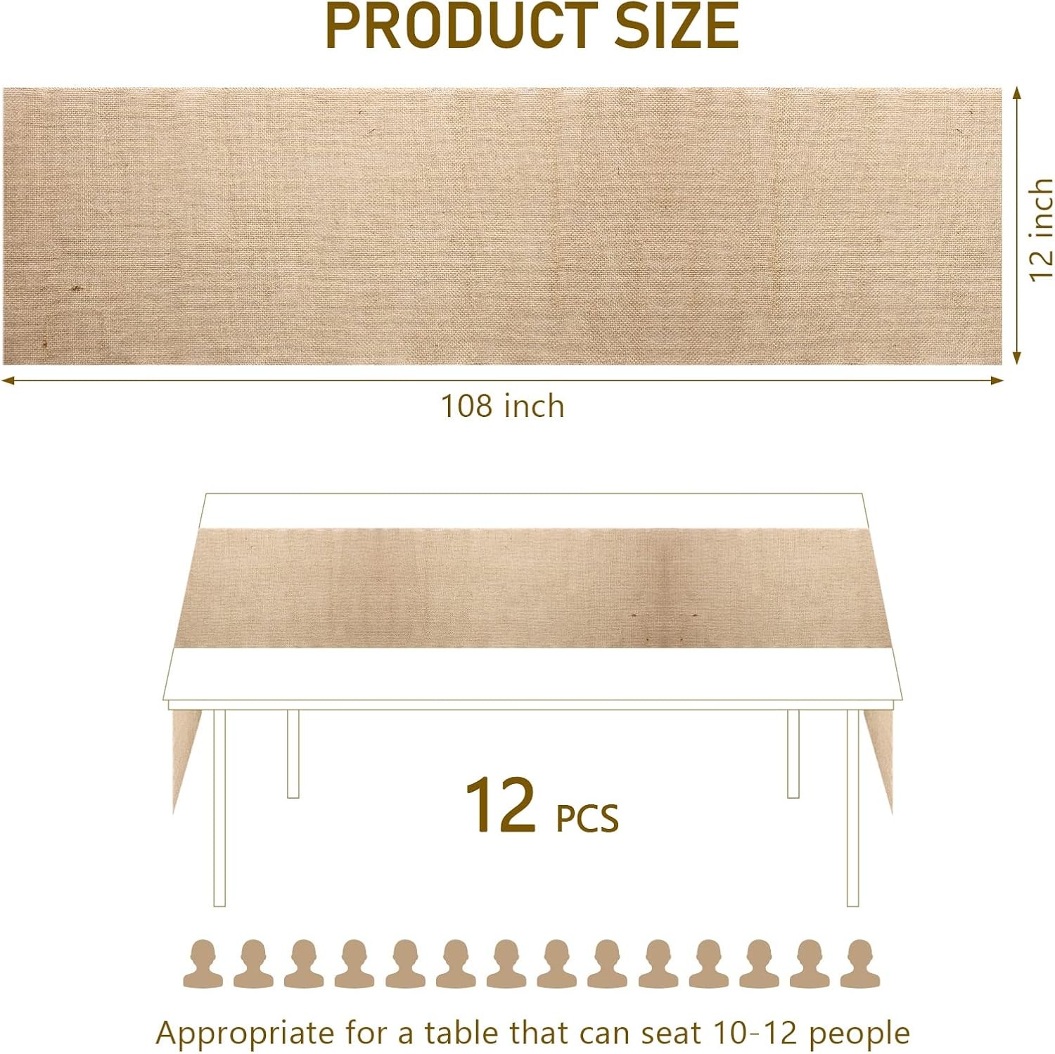 Buryeah Burlap Table Runners Farmhouse Khaki Jute Runner 12 x 108 Inch, 