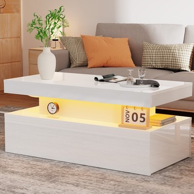 OYAJIA Weißer Couchtisch, Wohnzimmertisch mit LED-Beleuchtung und Stauraum