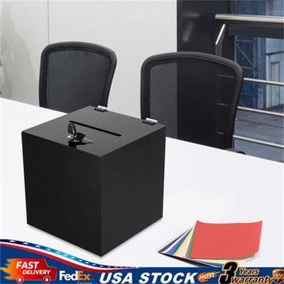10'' x 10'' x 10'' Black Deluxe Donation Box Tip Jar Ballot Suggestion With Lock US