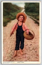 Barefoot Boy in Bib Overalls and Straw Hat Carrying Fishing Pole c.1915 Postcard