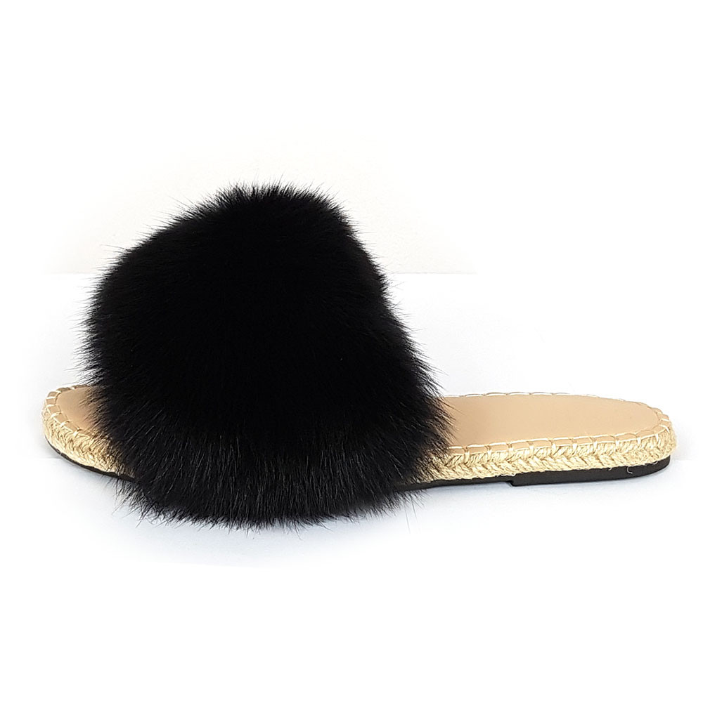 SAOLA Sandali con suola intrecciata con pantofole in vera pelliccia di volpe nera con pelliccia naturale