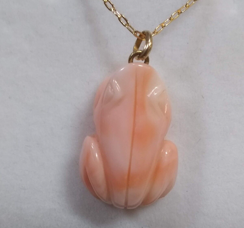Vintage Carved Angel Skin Coral Frog Pendant Necklace Gold Filled Earrings Japan - Picture 6 of 20