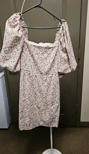 Sezane Cotton Dress Size 44 Pink Rose Floral Print Mini Dress Puff Sleeve - Picture 5 of 7