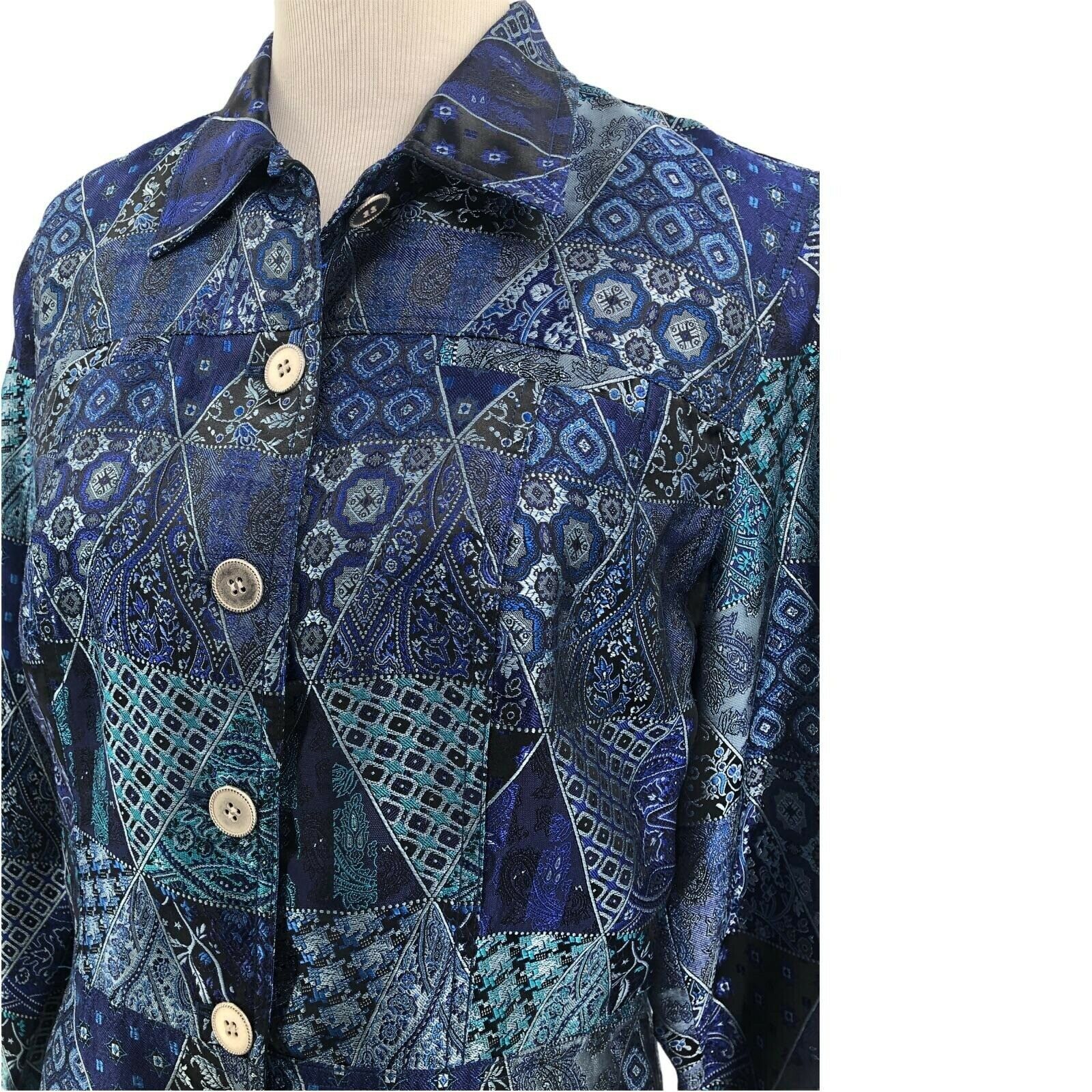 Coldwater Creek Blue Patchwork Pattern Button Fro… - image 4