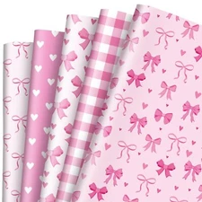 10 Sheet Pink Bow Wrapping Paper -Roll- Christmas Plaid Heart Bow Gift Wrap P...