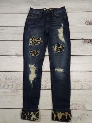 Kancan Leopard Cheetah Patch Distressed Skinny Blue Jeans Mid Rise Size 24 D8