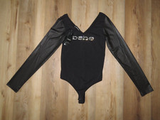 Bebe Bling Rhinestone Logo Black Leatherette Slvs Bodysuit Sz Petite Small READ