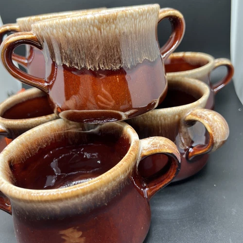 7 McCOY Brown Drip Glaze 2-Handle Soup Bowl Mug Cup Excellent Vintage