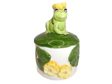 Vtg Frog on Lily Pad Jam Jar Condiment Covered Dish Yellow Flowers Hand Painted
