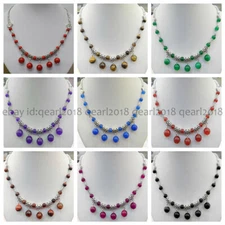 Pretty 6-10mm Multicolor Round Gems Beads Pendant Tibet Silver Necklace 18''