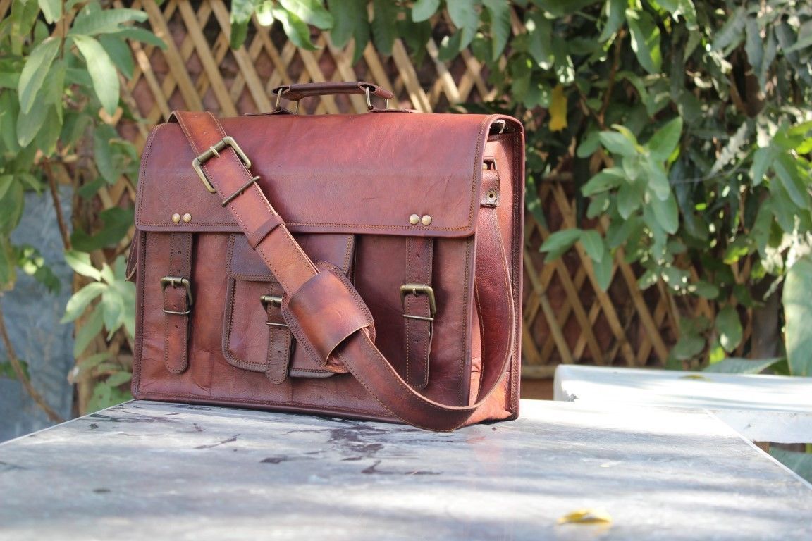 15" Vintage Leather Briefcase Macbook Bag Laptop Messenger Bag Attache Satche