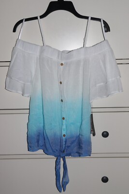 NWT BCX Off Shoulder White-Royal Blue Ombre Flutter Short Sleeve Top size M