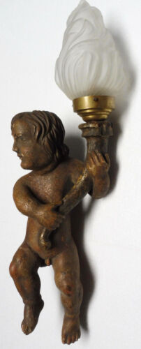 Rare APPLIQUE ancienne angelot bois porteur de flamme XVIIIème siècle - Afbeelding 1 van 10