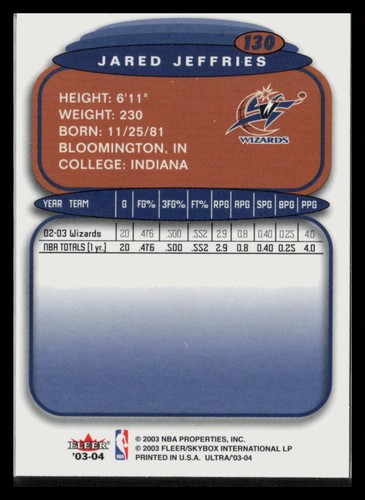 2003-04 Fleer Ultra Base Jared Jeffries Washington Wizards #130 - Picture 2 of 2