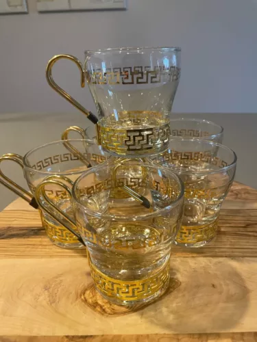 Vintage Libbey Glass Continental Coffee/Tea Cups, Gold Greek Key, set of 6, EUC