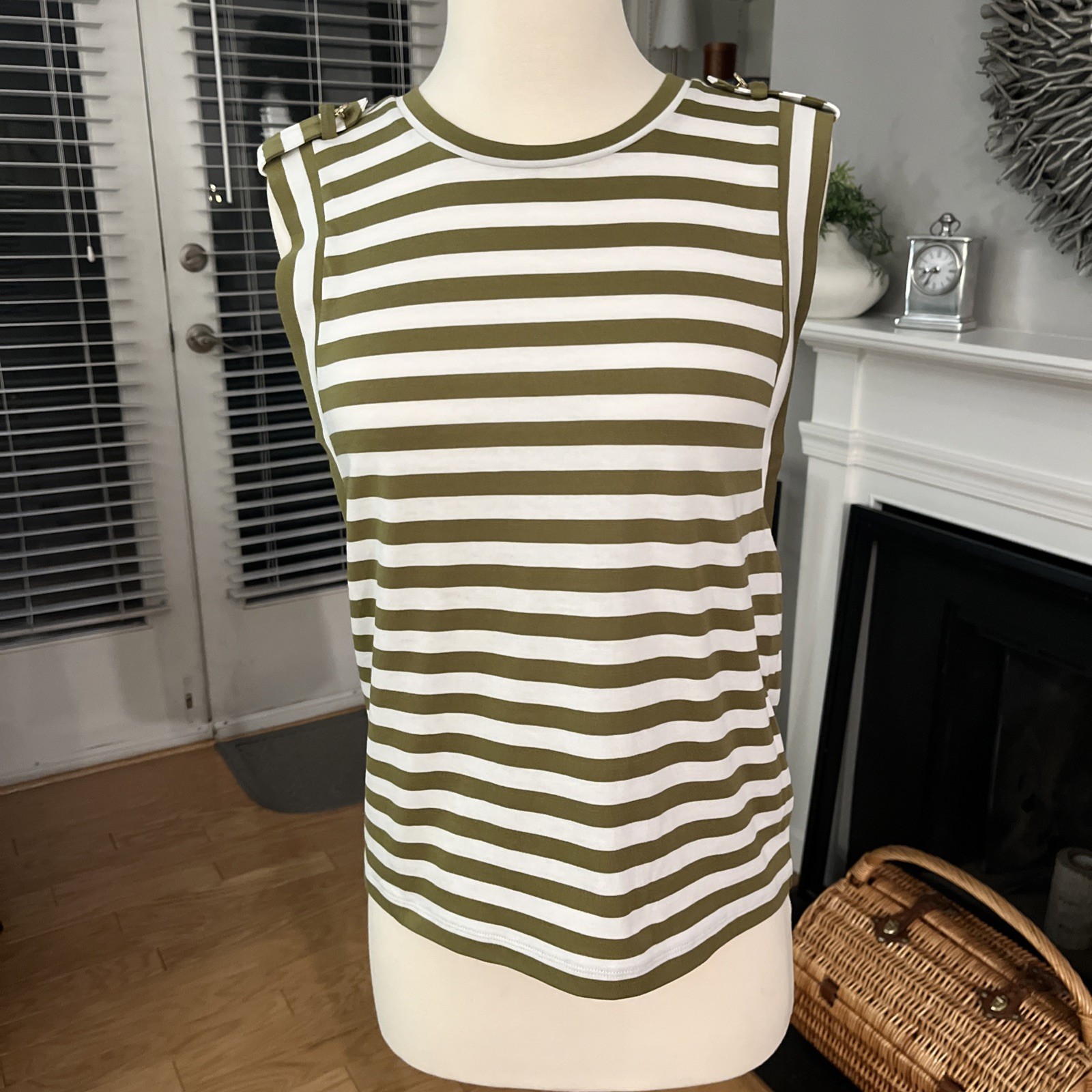 Michael Kors Women's Striped Sleeveless Top Size XS Olive/White Cotton NWT