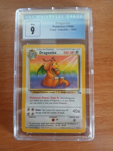 1999 Pokemon Fossil Unlimited Dragonite 19/62 Rare CGC 9 Mint Vintage Blue Label