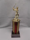 red male golf trophy wide red column weighted black base