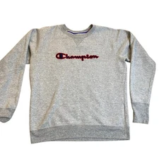 Champion Mens Sweatshirt Large PulloverCrewneck Sweatshirt Gray Embroidered 