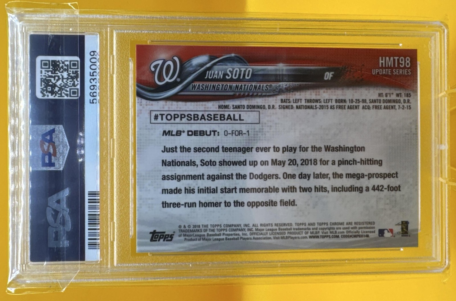2018 Topps Chrome Update Juan Soto #HMT98 RC Nationals PSA 10 view 2