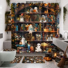Halloween Ghost Skull Spooky 4Pcs Bathroom Shower Curtain Set with Rugs