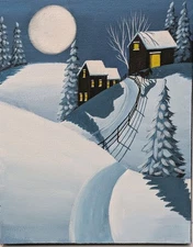 Original Folk Art Painting Landscape Winter Snow Country Horse Barn Houses Naive