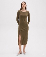 Theory Ranmire Olive Green Ribbed Knit Button Side Slit Midi Dress Medium M