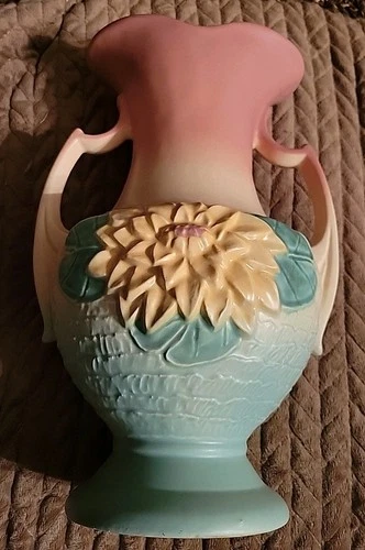 VTG Hull Art Pottery USA Water Lily Double Handled Vase Pink Green L-15,  12 1/2