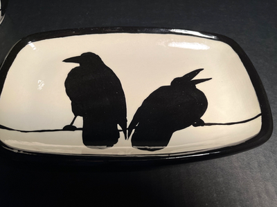 HTF Otis Rein Black Slip Trailed Glaze Crows On A Wire Folk Art